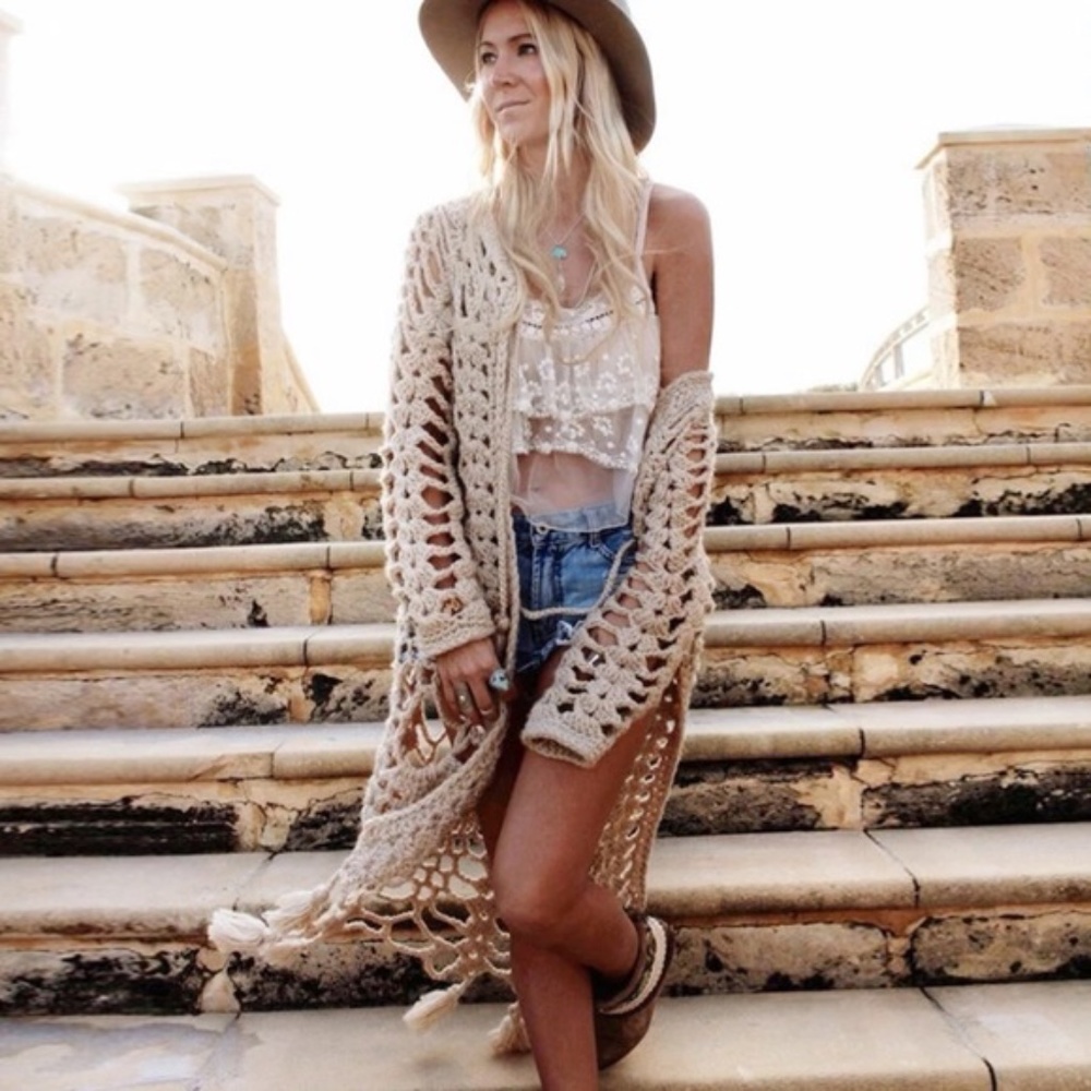 SOLD OUT Khaki Bohemian Hand Knit Tassel Open Crochet Knit Cardigan Sweater - Picture 5 of 7